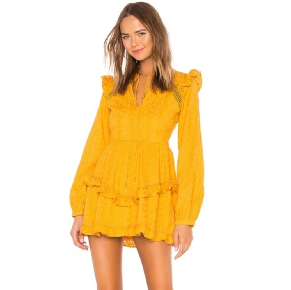 Tularosa Lisa Embroidered Ruffle Mini Dress In Mustard Yellow